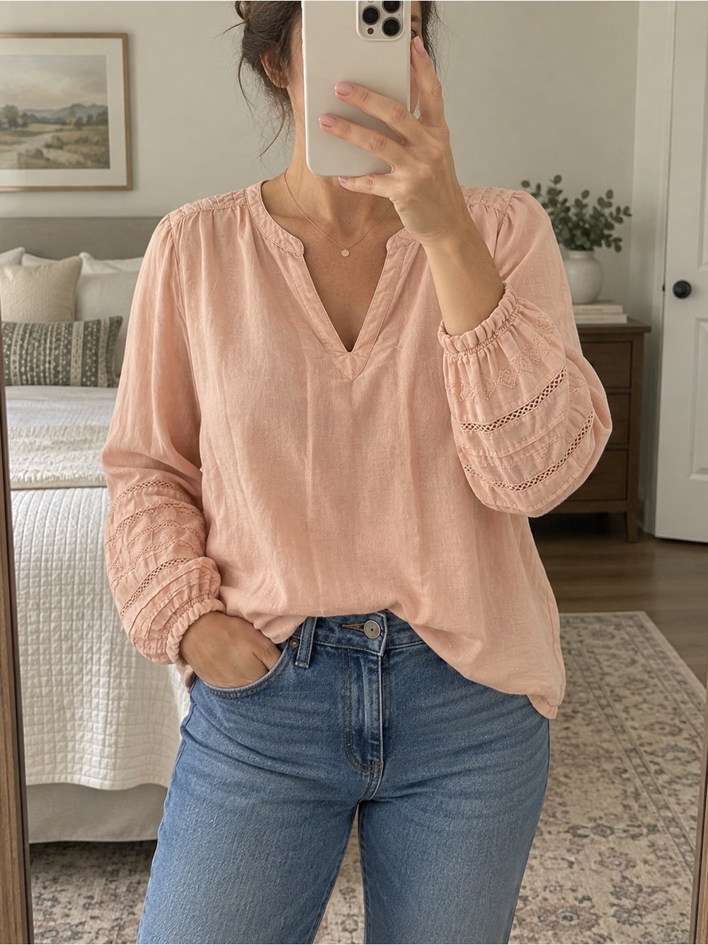 Rachel Zoe Blush Pink Linen Cotton Boho Blouse Embroidered Sleeve Top | L